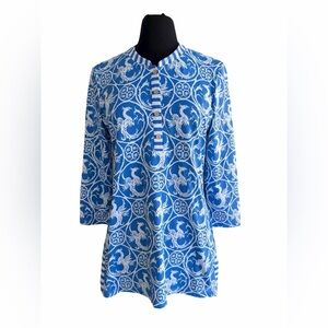 J.McLaughlin Phoenix Bird Print Tunic Top Blue White Small Resort Coastal Small